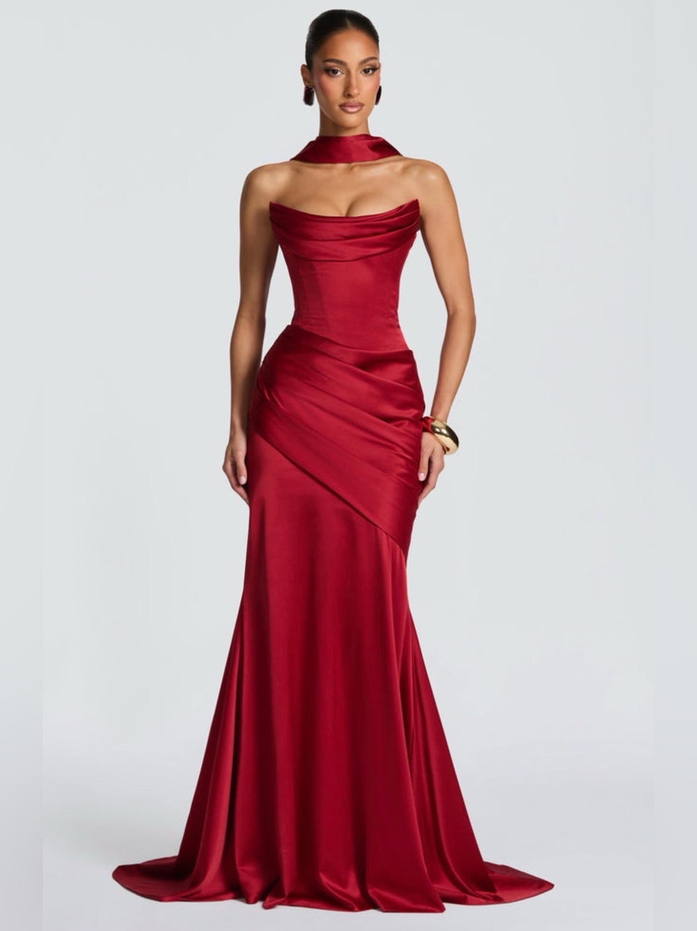 BABYBOO Strapless Red Satin Evening Gown with Neck Scarf